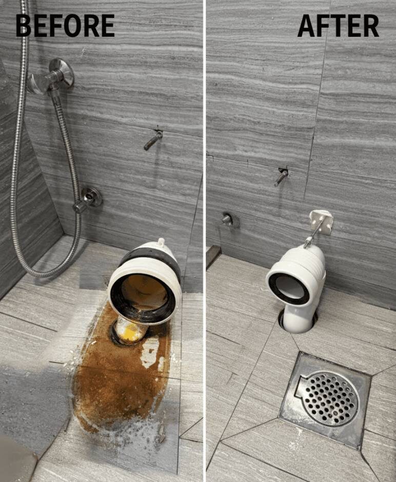 Dirty pipe clogging before & after